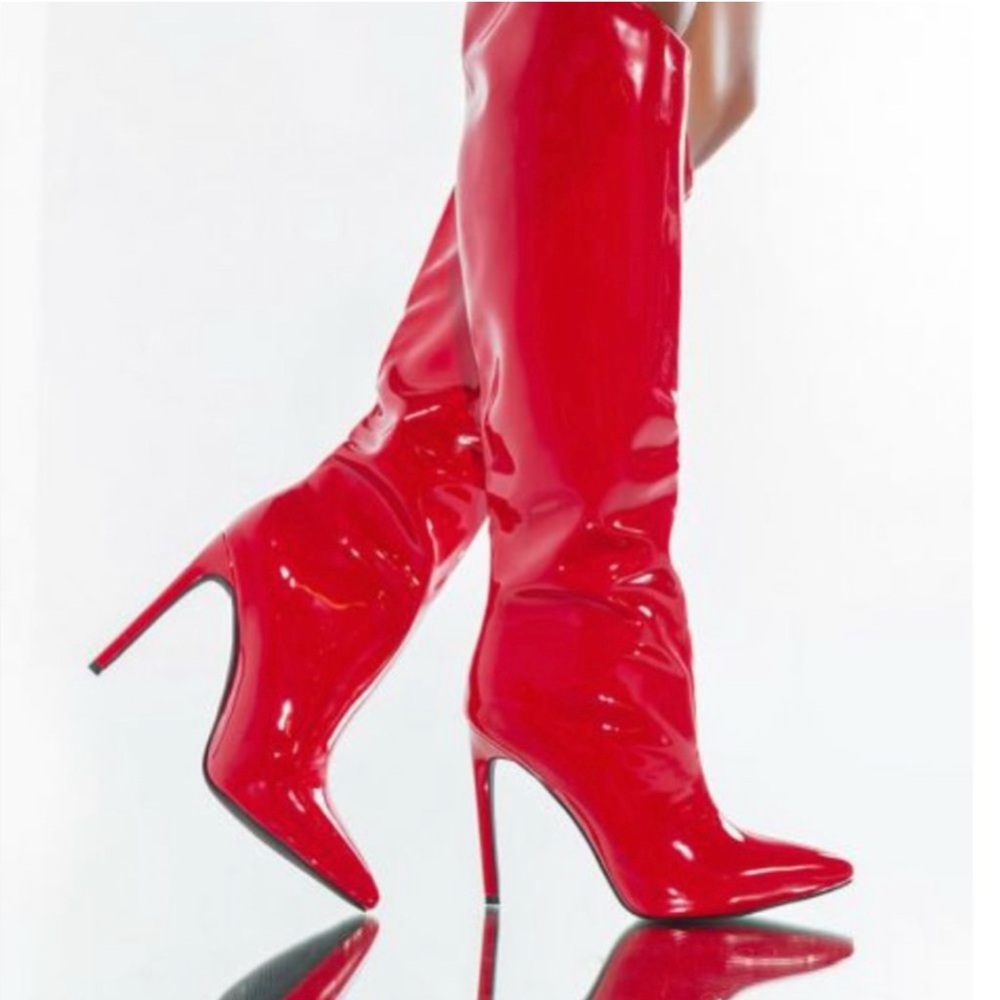 Elegant Red Patent Leather Heeled Boots